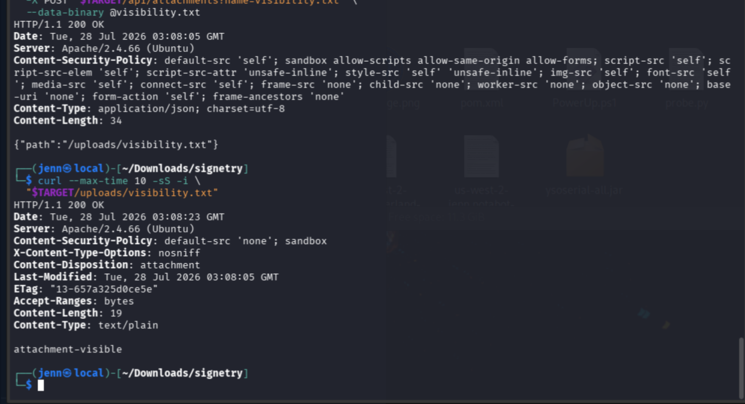 Attachment upload and retrieval confirming shared directory